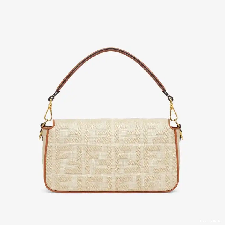 Vintage HOT Straw Fendi Motif Beige Baguette Bag Medium FF In 0522